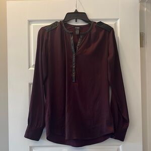 Burgundy Long Sleeve Blouse with Black Accents